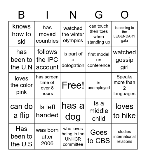 UNHCR Bingo Card