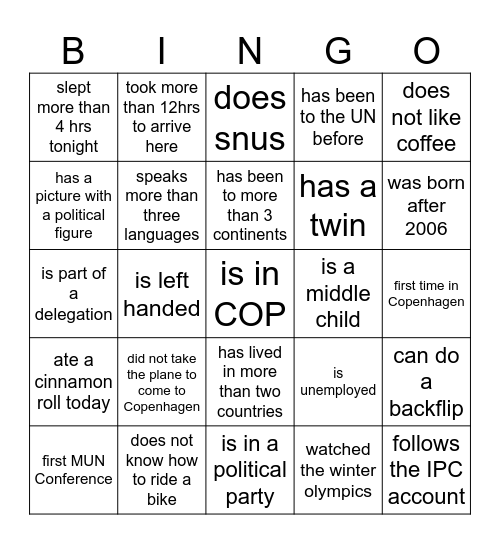 COP Bingo Card