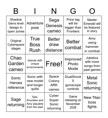 Sonic Eclipse Predictions Bingo Card