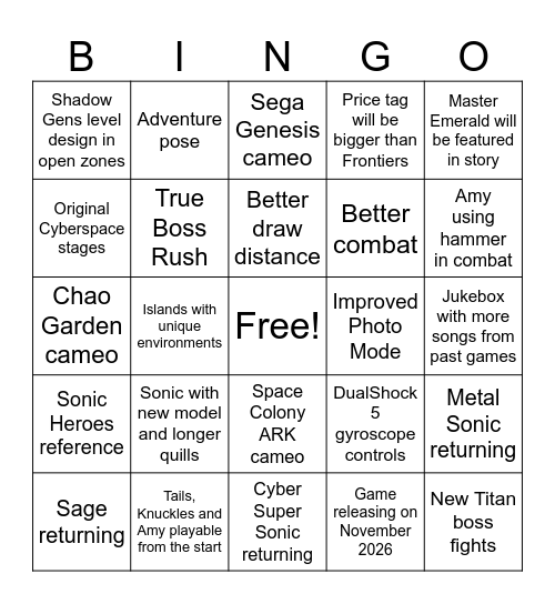 Sonic Eclipse Predictions Bingo Card
