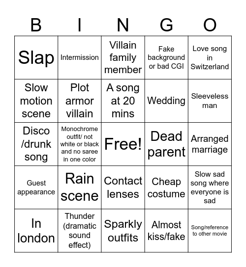 Bollywood Bingo Card