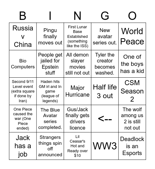 2026-2030 Bingo List Bingo Card