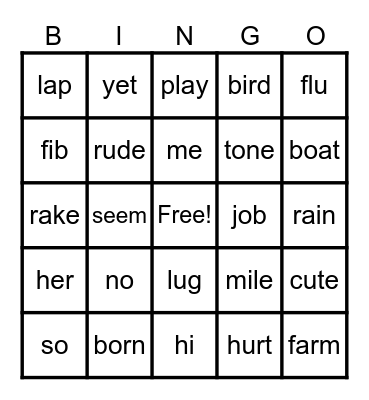 Syllable ID Bingo x 5 RWF Bingo Card