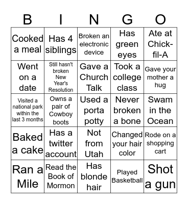 Get to know you Bingo Card