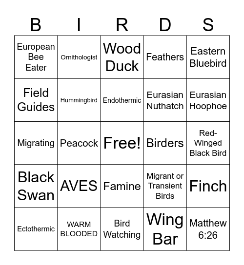 BIRD BINGO Card
