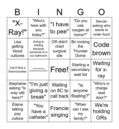 PACU BINGO Card