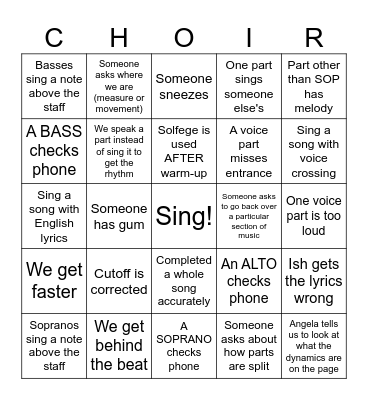 Choir Rehearsal Bingo Card
