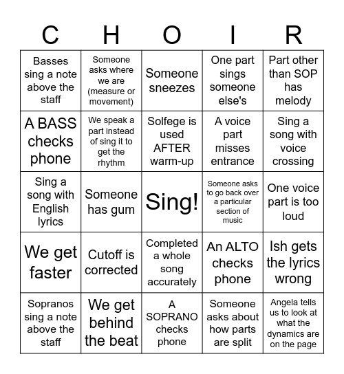 Choir Rehearsal Bingo Card