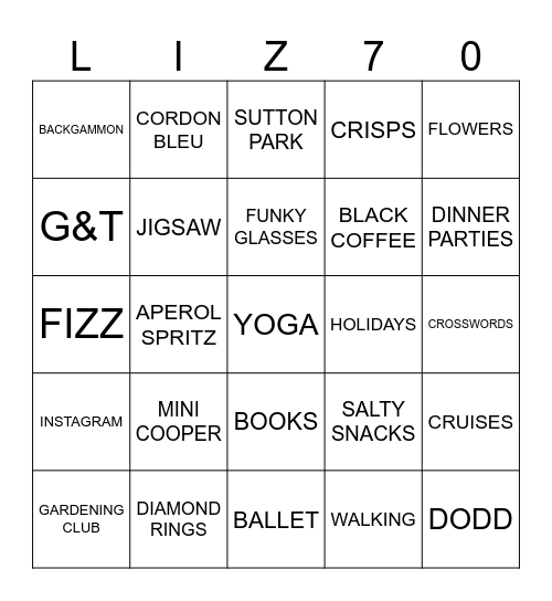 Liz's Birthday Bingo Card
