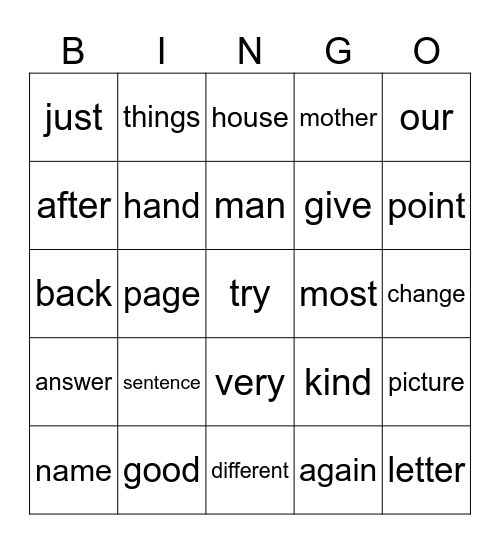Sight Words Bingo Card