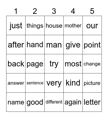Sight Words Bingo Card