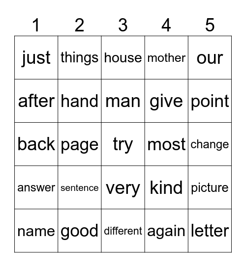 Sight Words Bingo Card