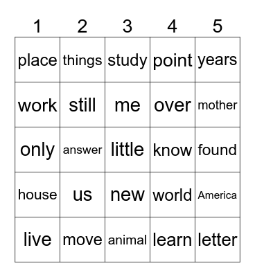 Sight Words Bingo Card