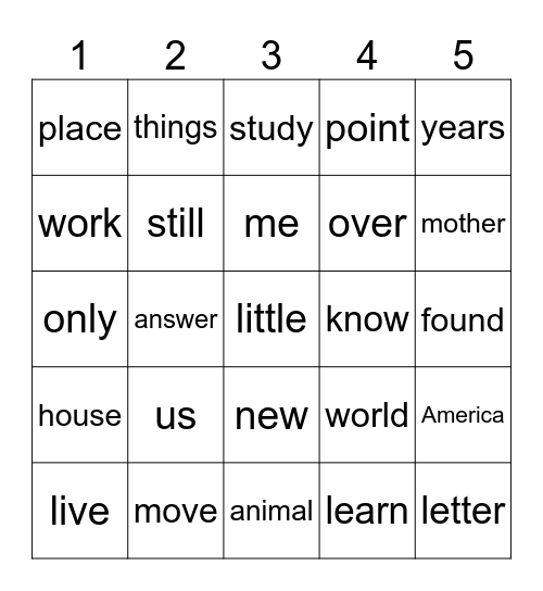Sight Words Bingo Card