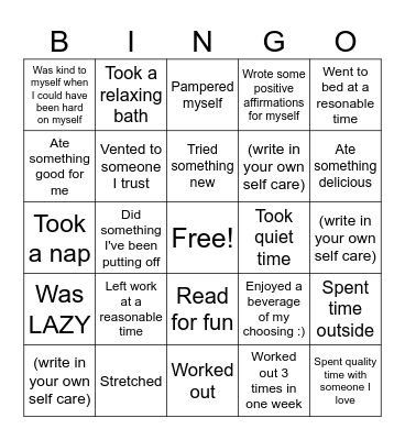 Self - Care Bingo Card