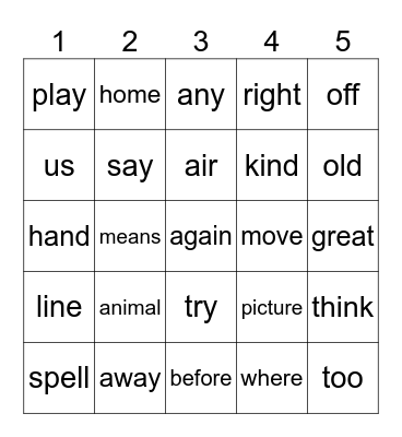 Sight Words Bingo Card