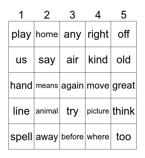 Sight Words Bingo Card