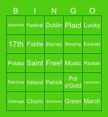 ST. PATRICK's Day Bingo Card