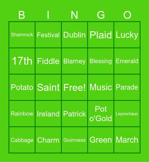 ST. PATRICK's Day Bingo Card