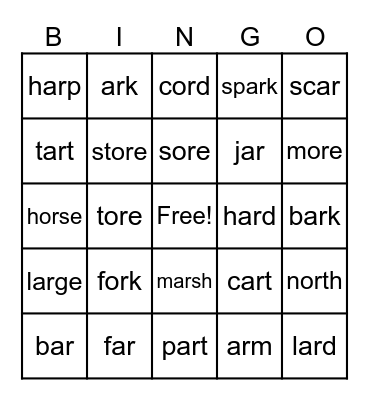 R-Controlled Vowels (ar/or) Bingo Card