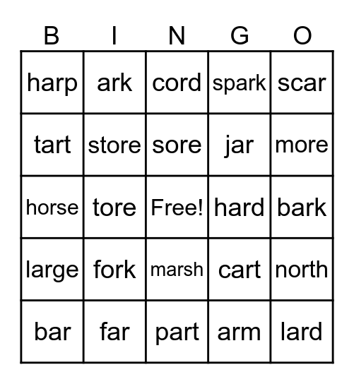 R-Controlled Vowels (ar/or) Bingo Card
