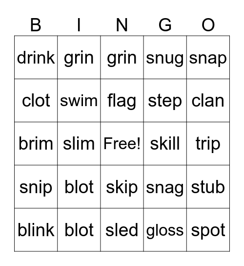 Consonant Blends 2 Letter Initial Bingo Card
