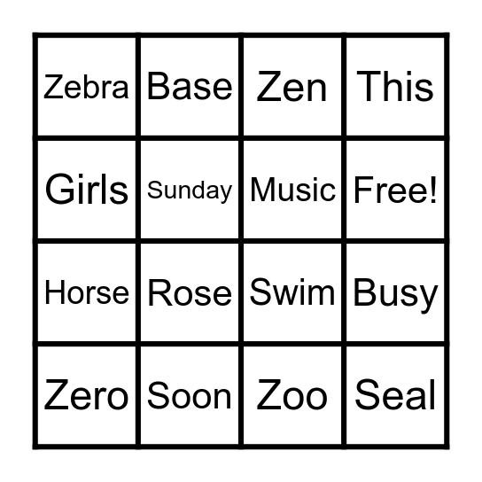 S & Z BINGO Card
