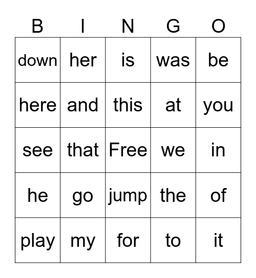 Sight Word Bingo Card