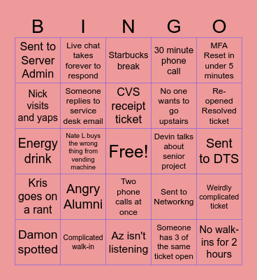 IT Service Desk Bingo Card