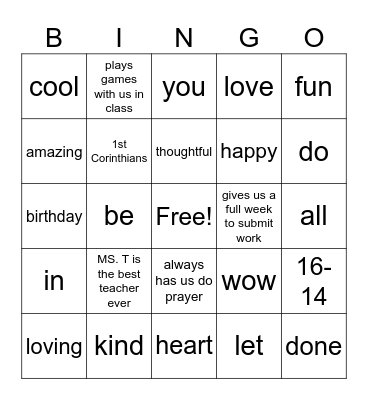 MS. T Bingo Card