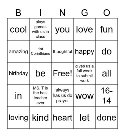 MS. T Bingo Card