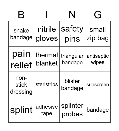 Personal First Aid Bingo Card