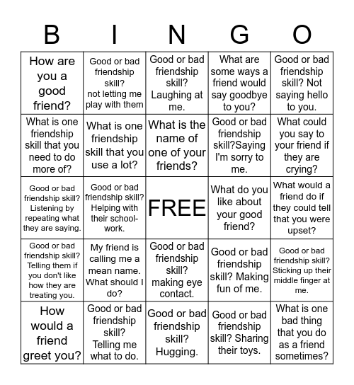 Friendship skills  Bingo Card