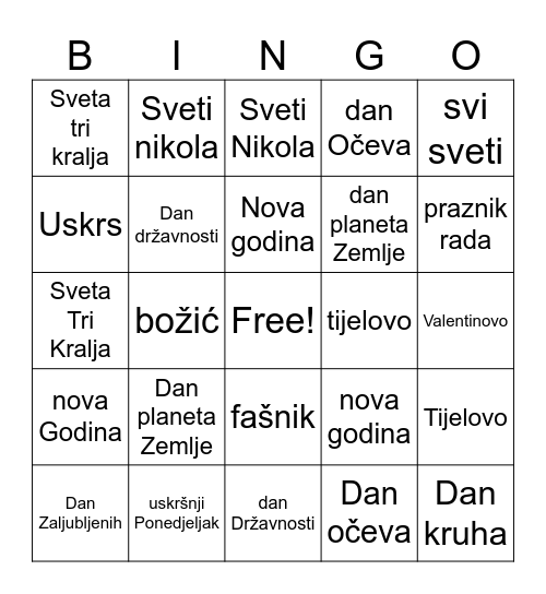 Veliko početno slovo u imenima blagdana i praznika Bingo Card