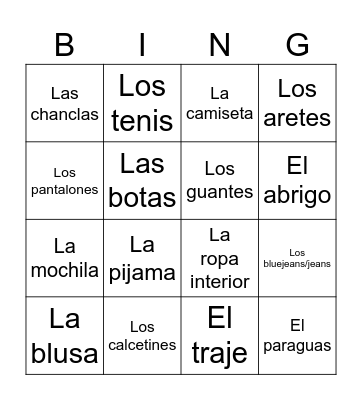 La Ropa Bingo Card