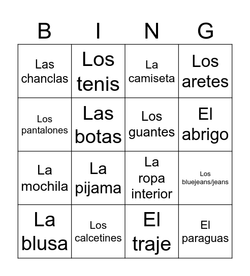 La Ropa Bingo Card