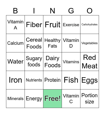 Healthy Eating Bingo Card