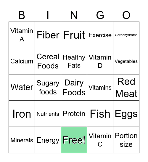 Healthy Eating Bingo Card
