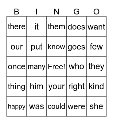 Sight Words Bingo Card