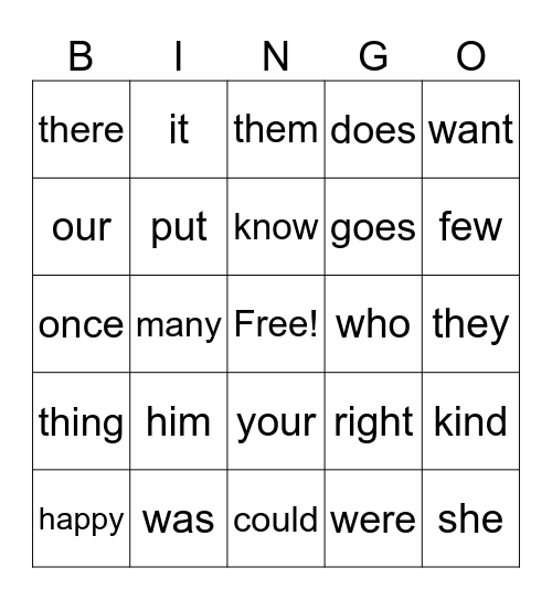 Sight Words Bingo Card
