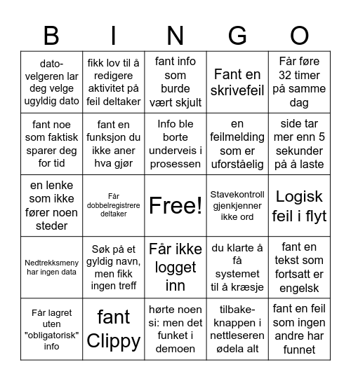 Bug hunt BINGO Card