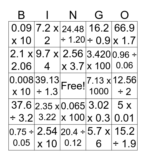 Decimals Bingo Card