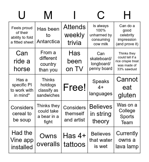 Get to know you recruitment weekend Bingo Card