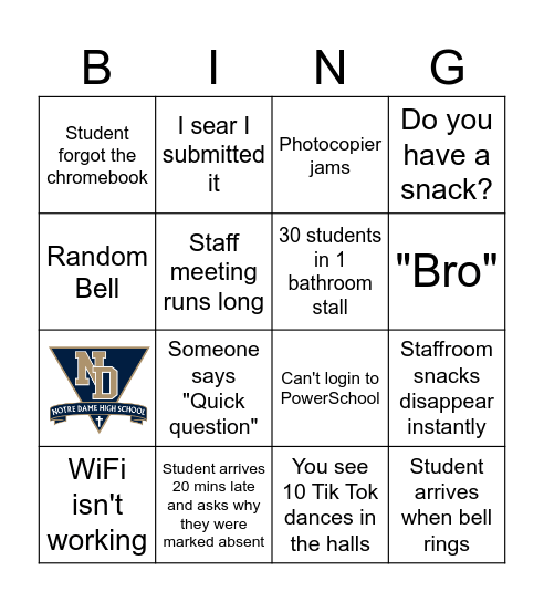 Notre Dame Bingo Card