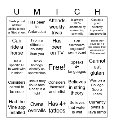 Get to know you recruitment weekend Bingo Card