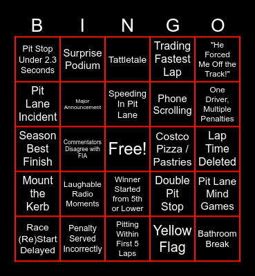 F1 V 4.0 Bingo Card