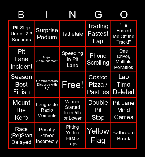 F1 V 4.0 Bingo Card