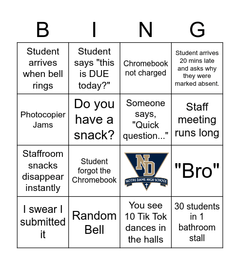 Notre Dame Bingo Card
