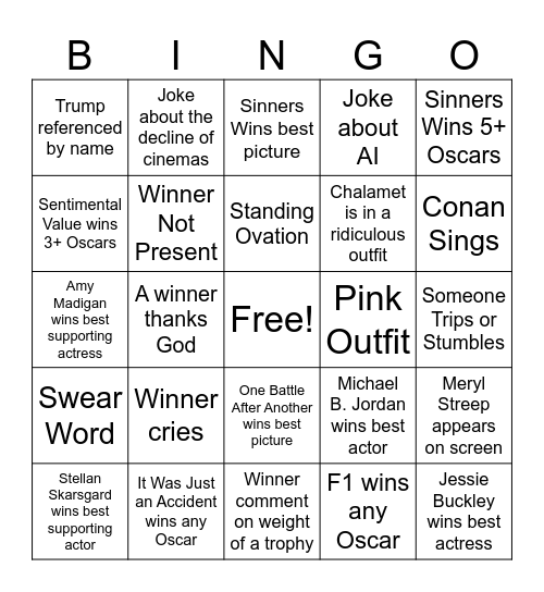 Oscars 2026 Bingo Card