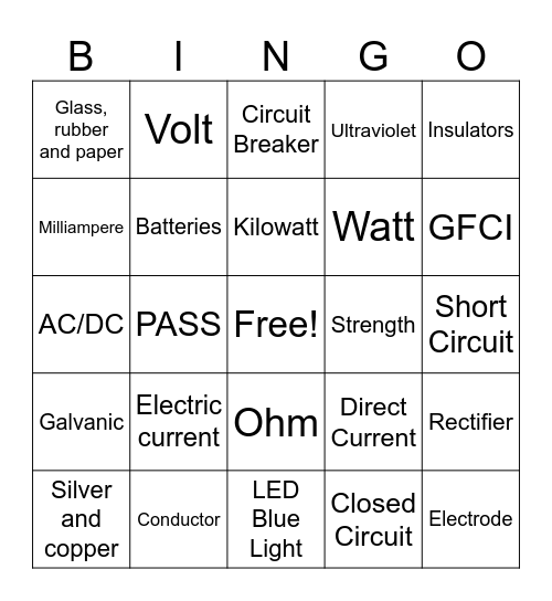 Electricity Bingo Card